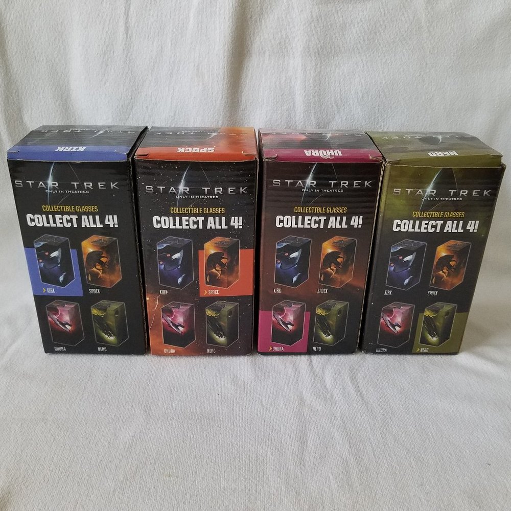 2008 Star Trek Movie Collectible Glasses Set Of 4 ~ Spock Uhura Nero Kirk